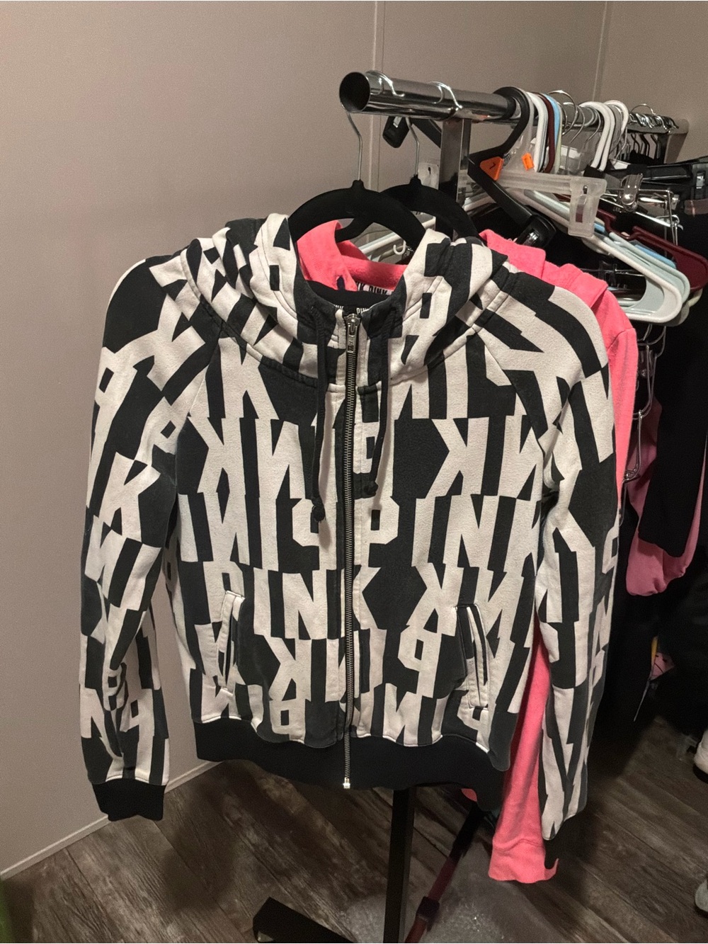 PINK Victoria's Secret Black & White Logo Zip Hoodie with Pink Lining